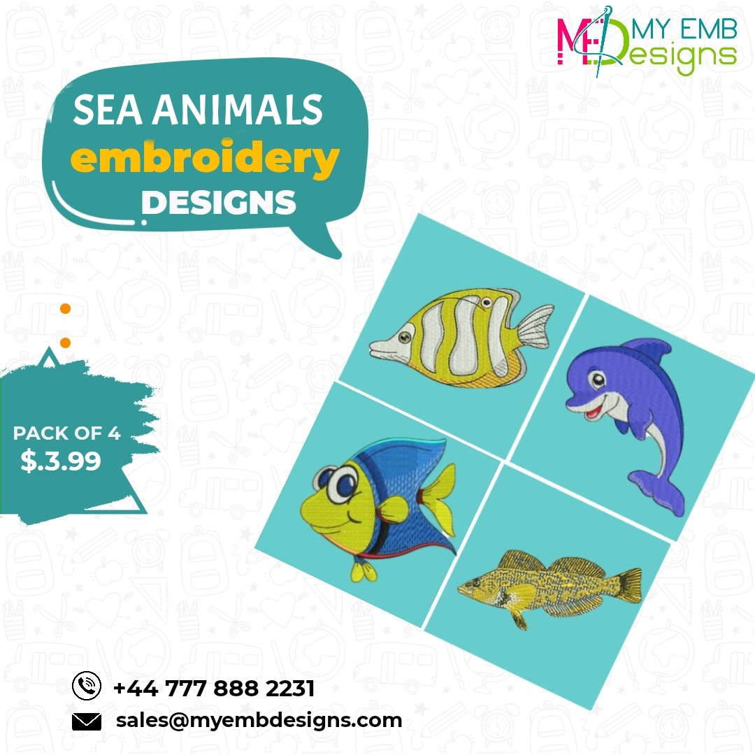 Sea Animals Embroidery Designs Pack of 4 — machine embroidery design