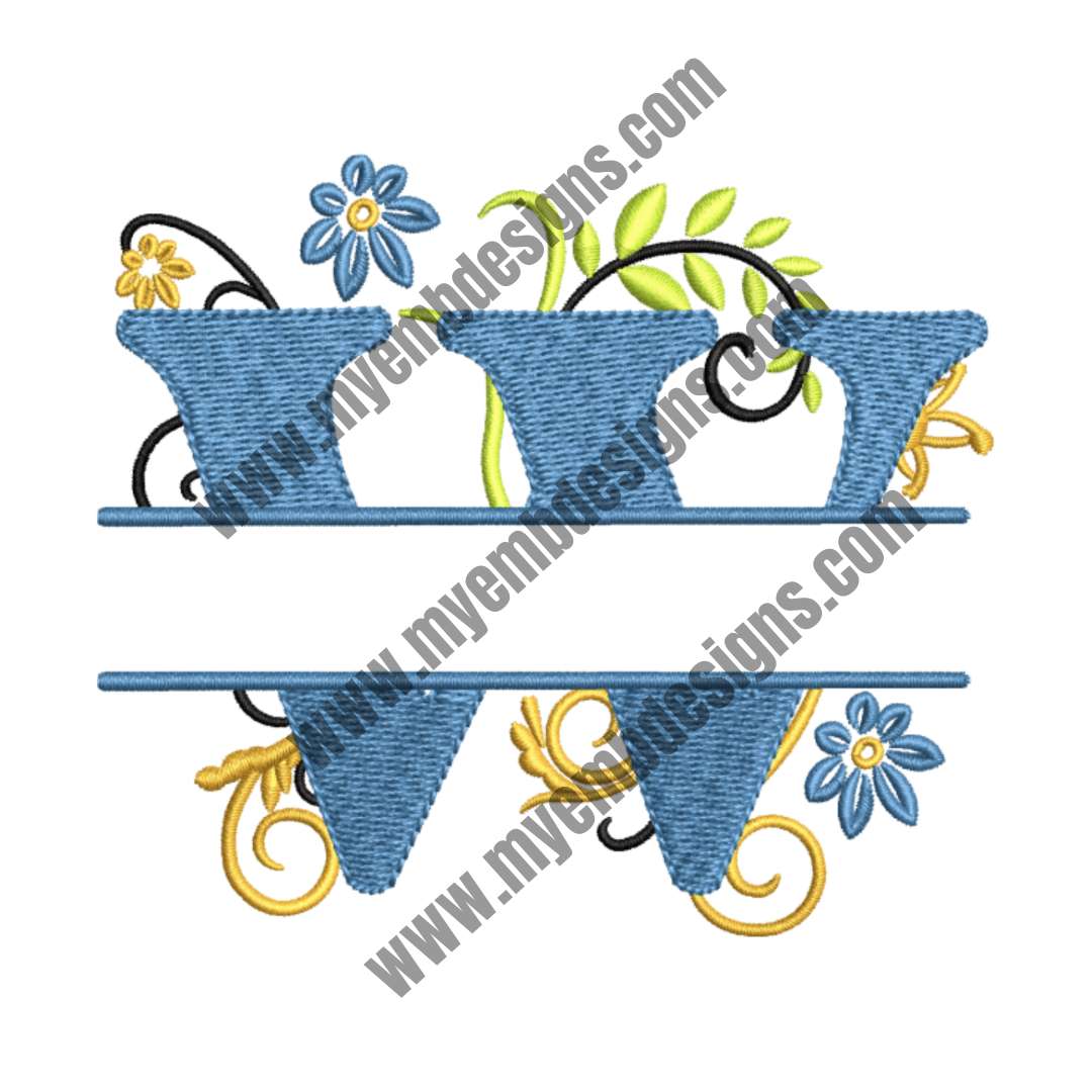 Floral Alphabet W Embroidery Design — machine embroidery design
