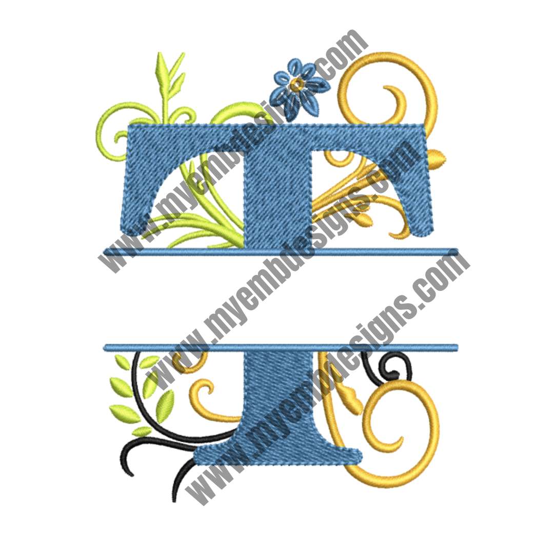 Floral Alphabet T Embroidery Design — machine embroidery design