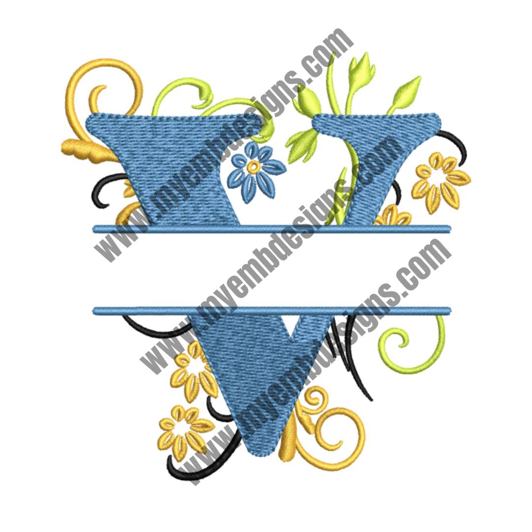 Floral Alphabet V Embroidery Design — machine embroidery design