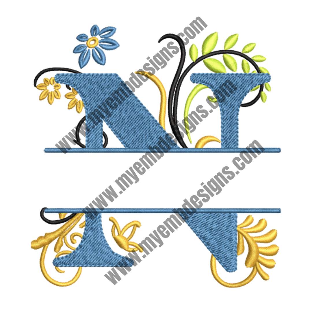 Floral Alphabet N Embroidery Design — machine embroidery design