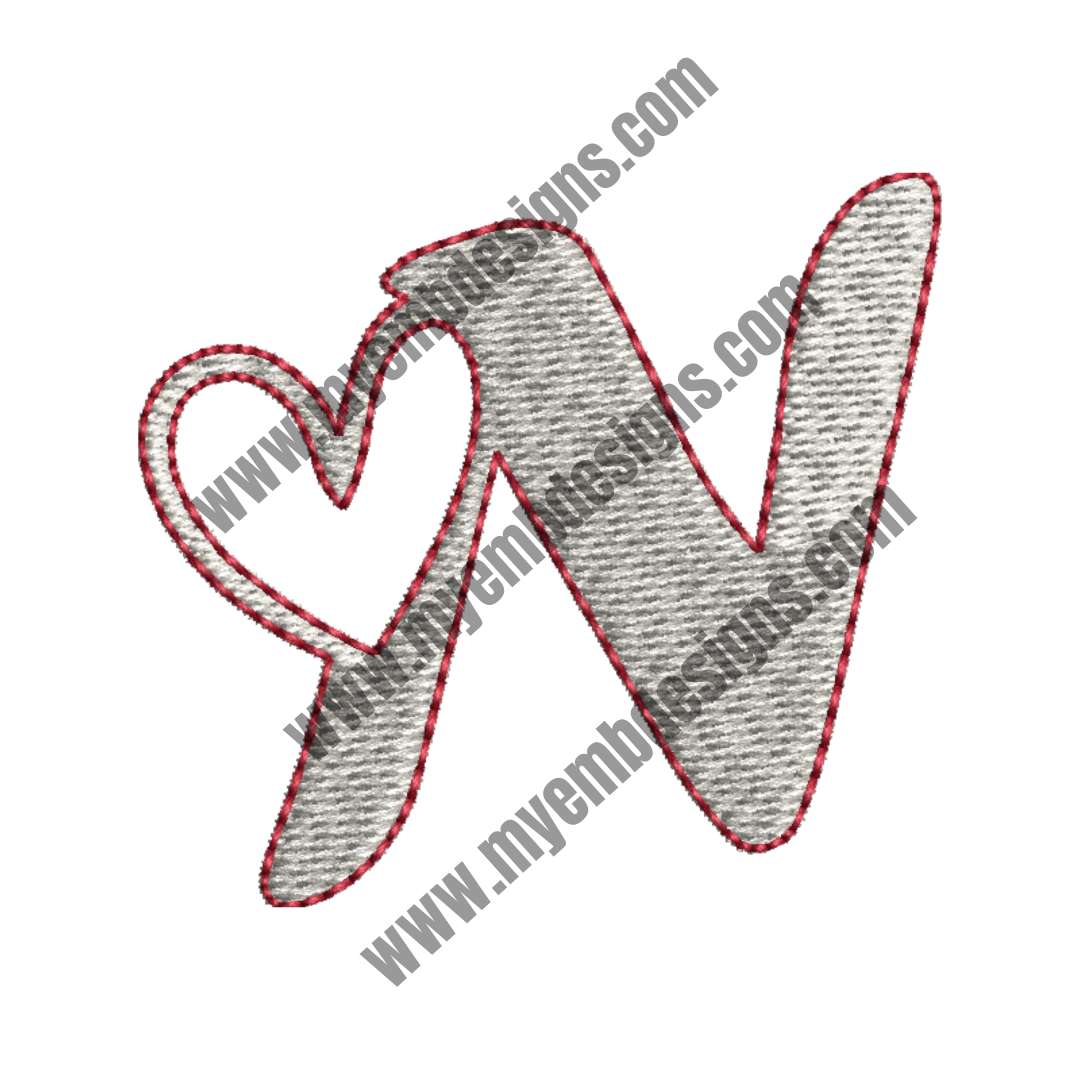 Heart Alphabet N Embroidery Design (2 sizes) — machine embroidery design