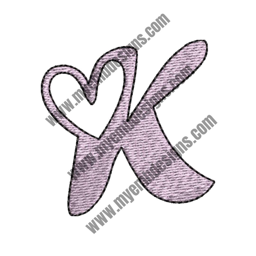 Heart Alphabet K Embroidery Design (2 sizes) — machine embroidery design