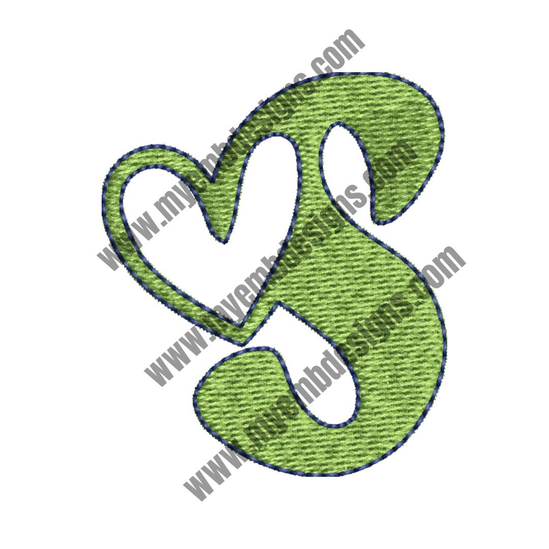Heart Alphabet S Embroidery Design (2 sizes) — machine embroidery design