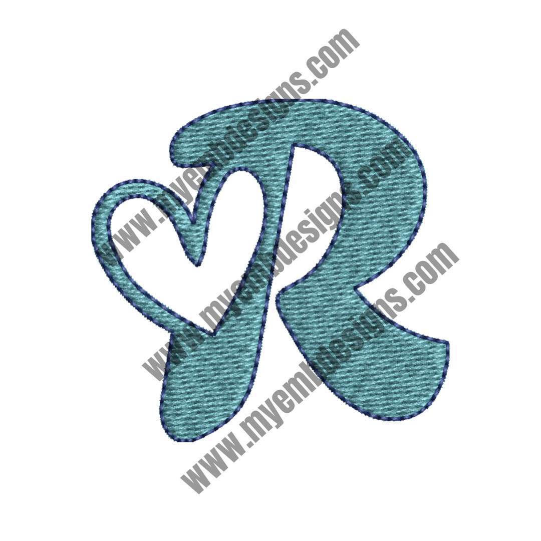 Heart Alphabet R Embroidery Design (2 sizes) — machine embroidery design