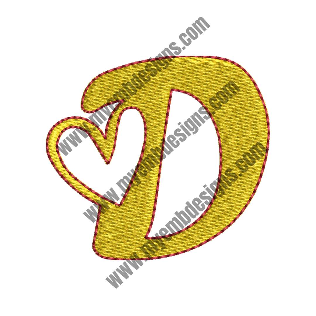 Heart Alphabet D Embroidery Design (2 sizes) — machine embroidery design