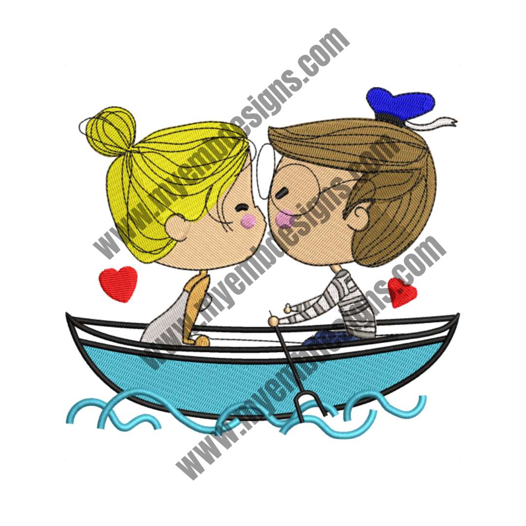 Lovers On Boat Embroidery Design (2 sizes) — machine embroidery design