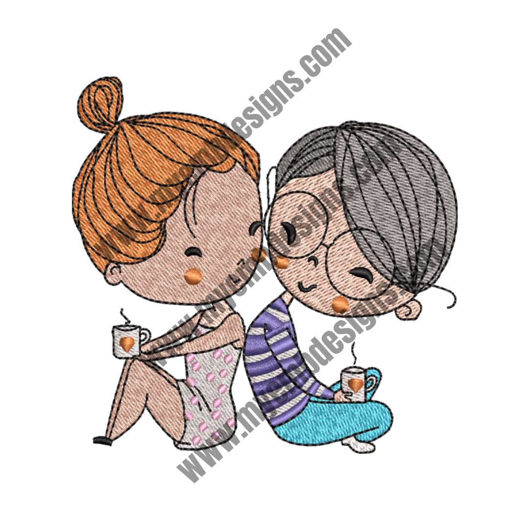 Coffee Date Lovers Embroidery Design (2 sizes) — machine embroidery design