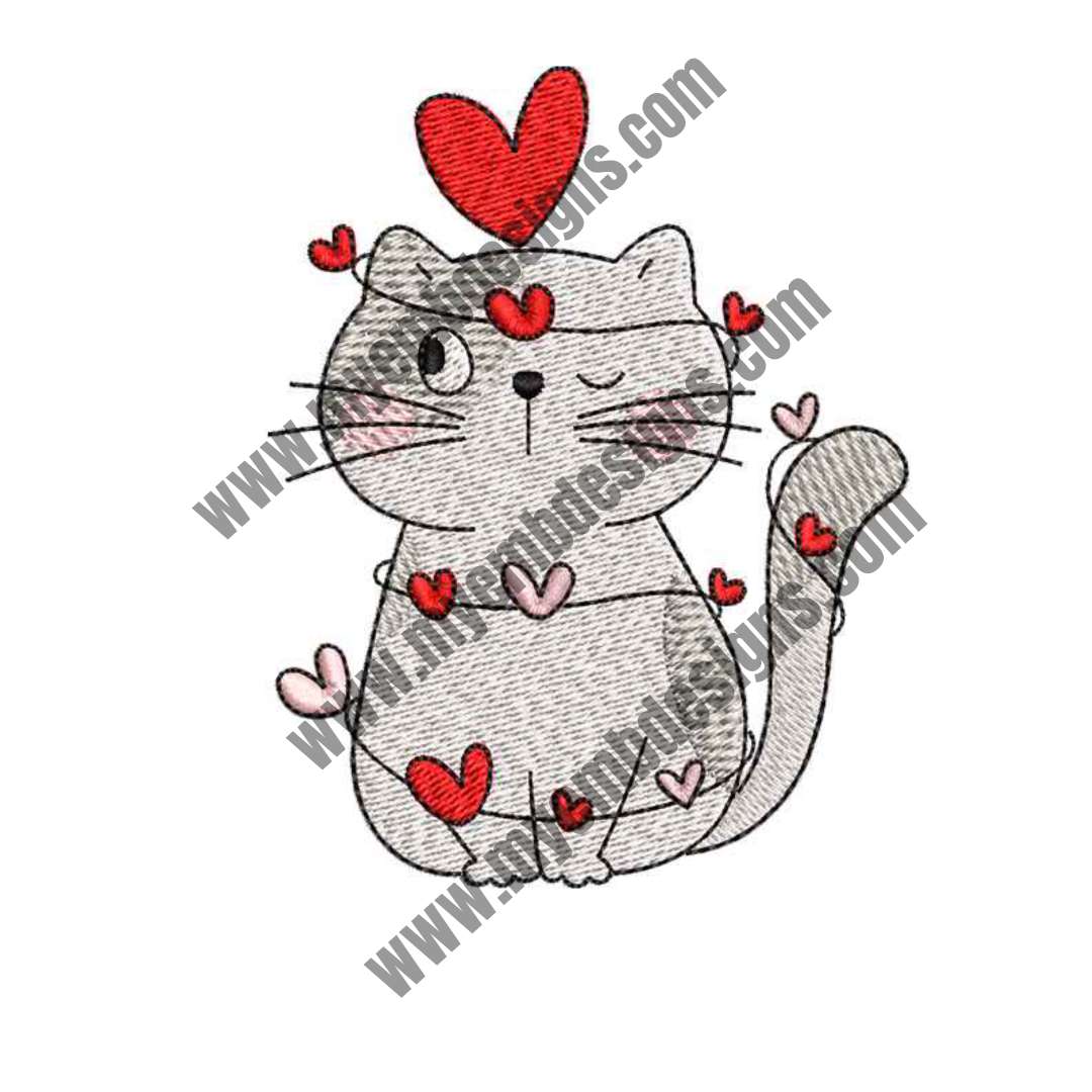 Cat Love Valentine Embroidery Design (2 sizes) — machine embroidery design