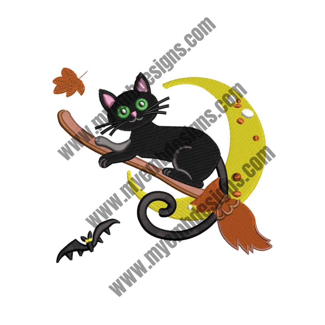 Black Cat on Broom Embroidery Design (2 sizes) — machine embroidery design