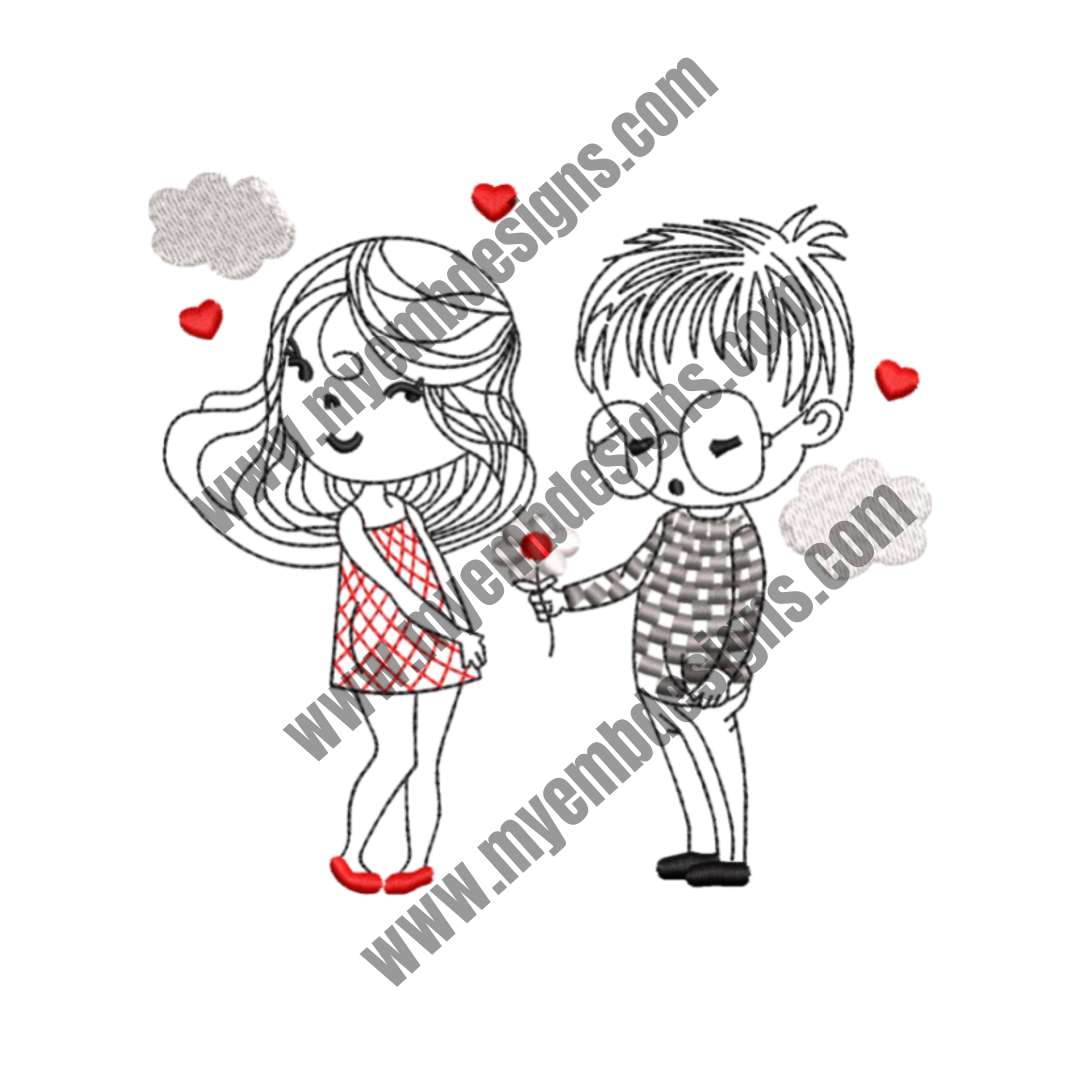 Shy Girl & Boy Embroidery Design (2 sizes) — machine embroidery design