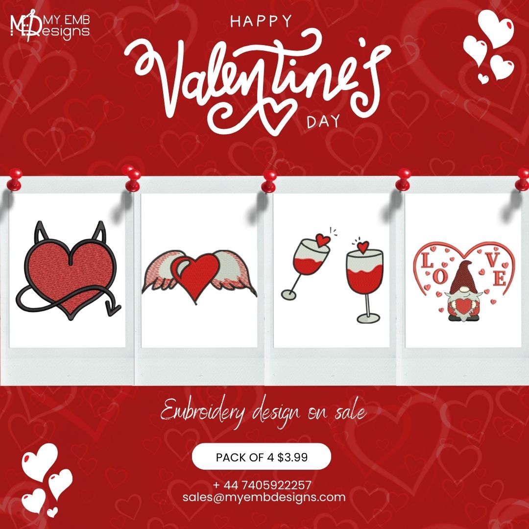 Pack of 4 Valentine Embroidery Design — machine embroidery design