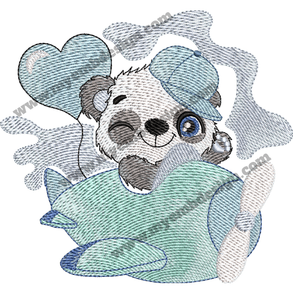 Panda On The Plane Embroidery Design(2 Sizes) — machine embroidery design