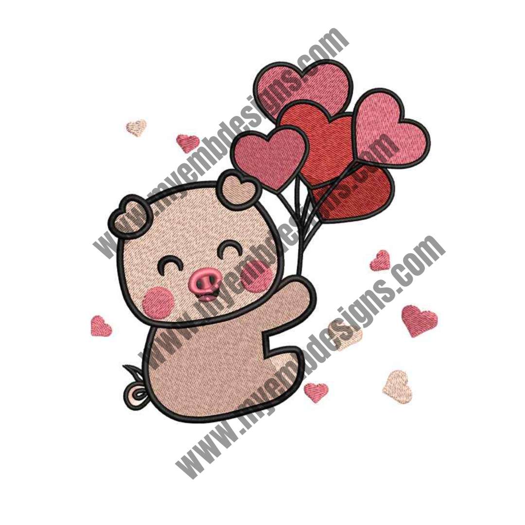 Pink Pig Holding heart-shaped balloons (2 sizes) — machine embroidery design