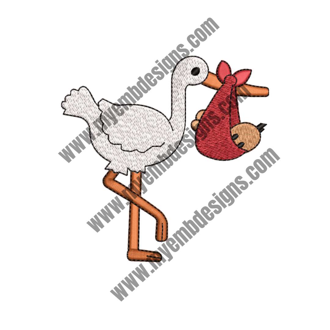 Stork Carrying a baby Embroidery Design (2 sizes) — machine embroidery design