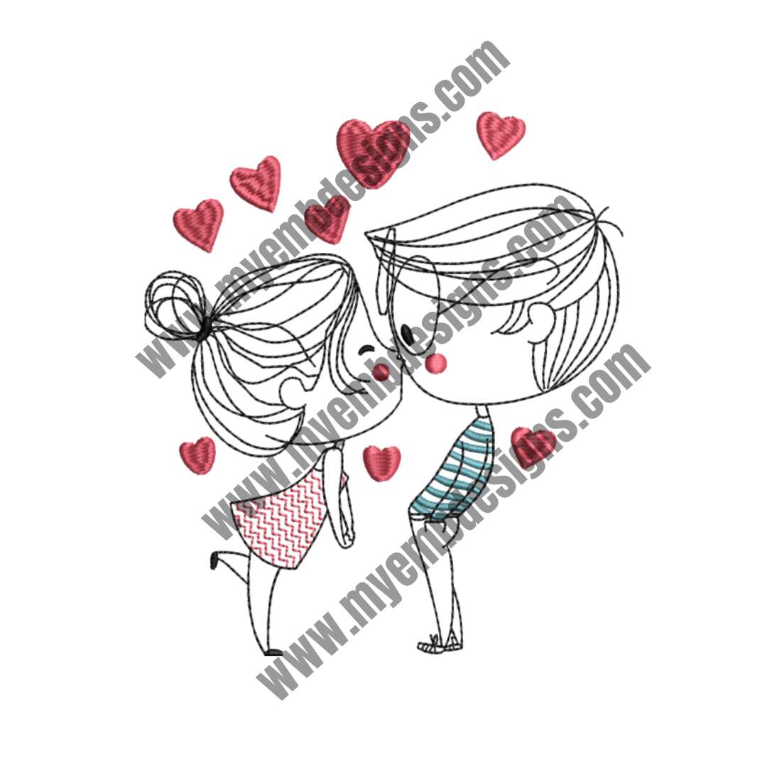 Young Couple Kissing Embroidery Design (2 sizes) — machine embroidery design