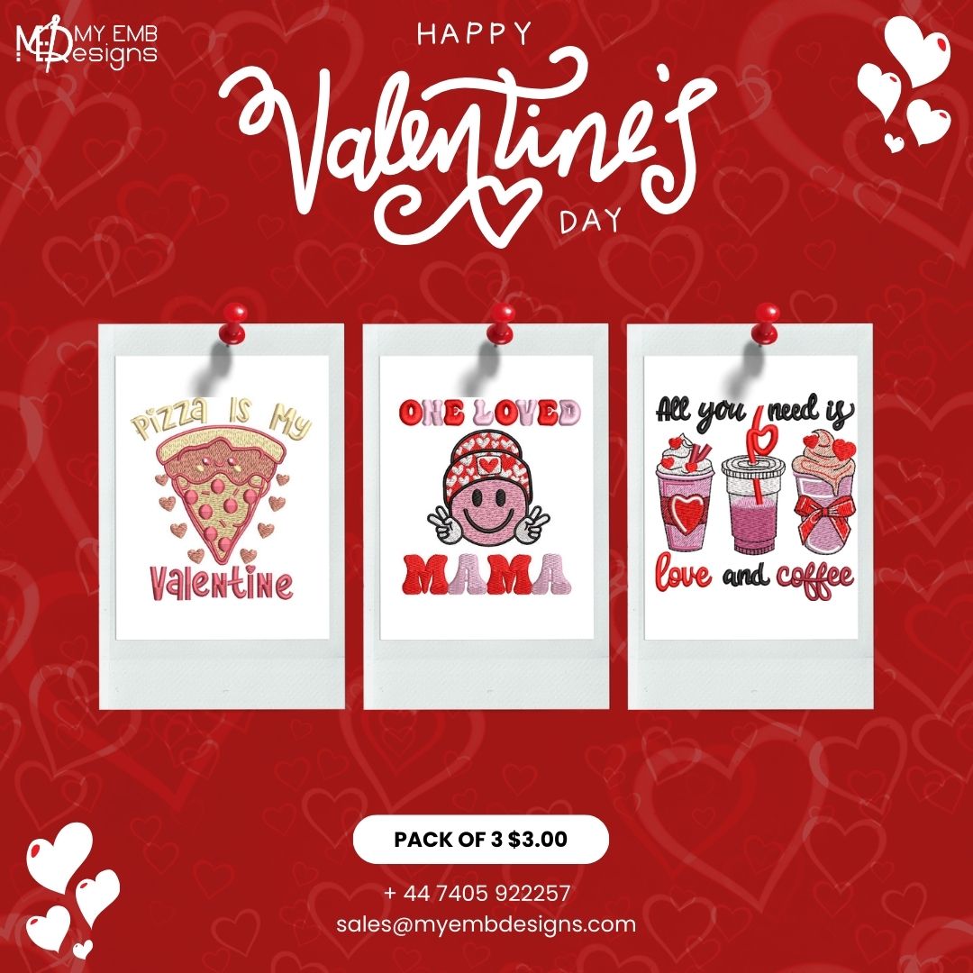 Pack of 3 Valentine's Day Embroidery Designs — machine embroidery design