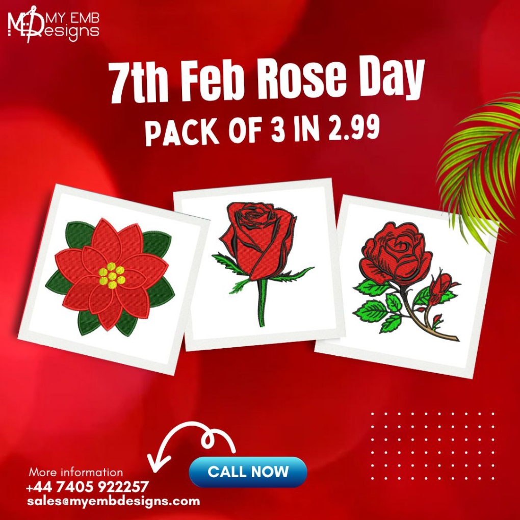 Rose Day Embroidery Design Pack of 3 — machine embroidery design